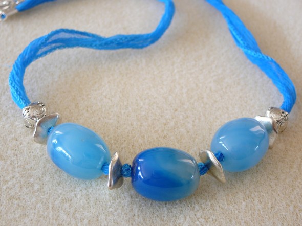 Mar23 Blue glass beads silk boho 20in $35