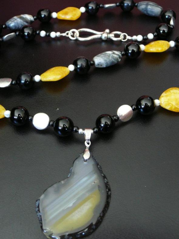 Yellow and black agate pendant with onyx, candy jade, jasper and silver